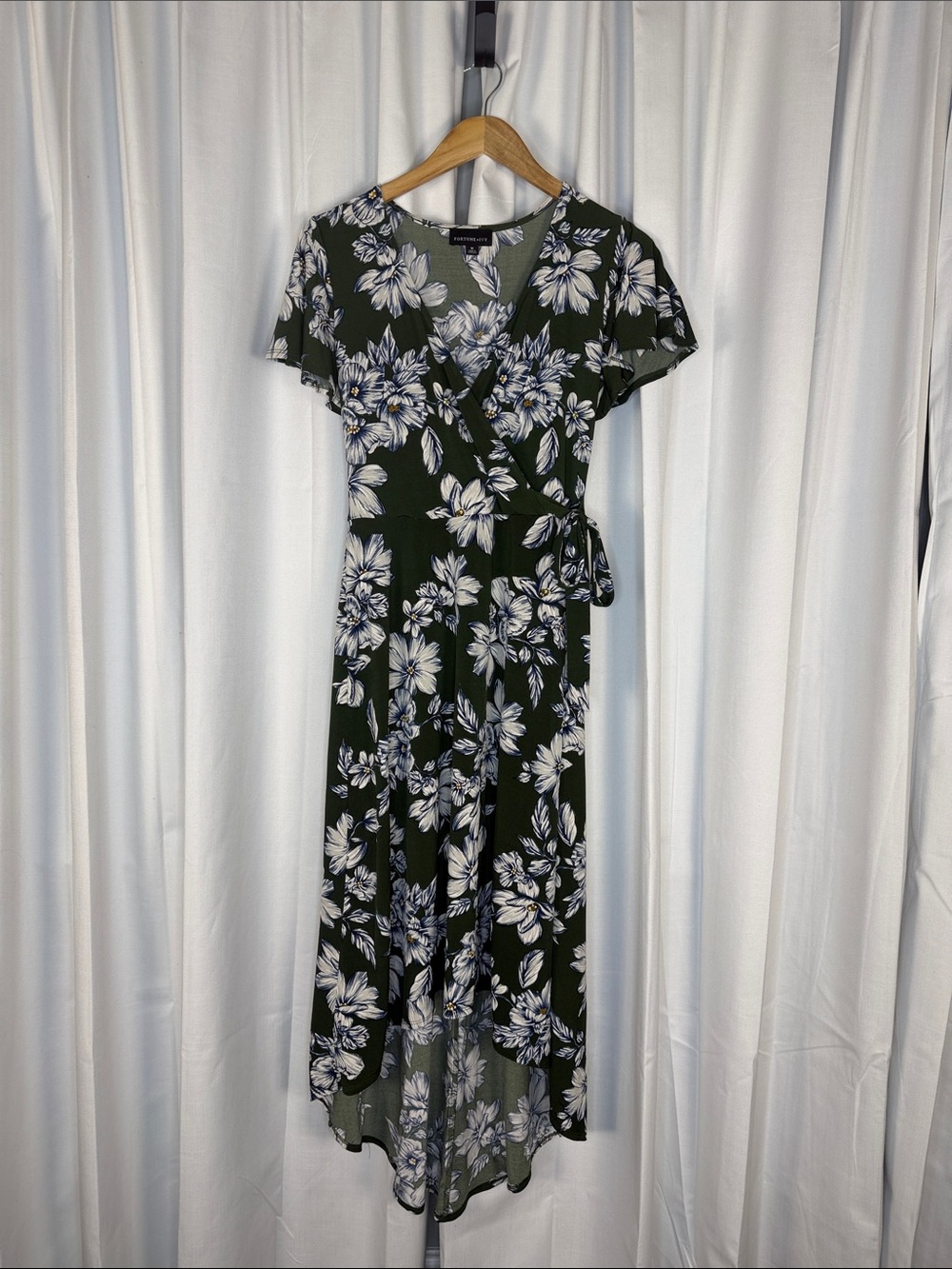 Olive Green Floral Wrap Hi-Low Dress